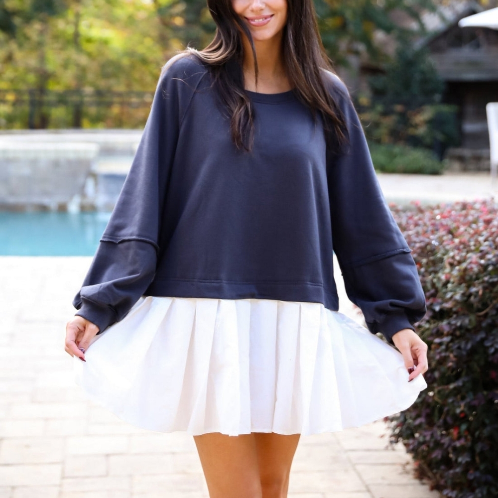Blue and White Pleated Midi Dress with Cuffed Long Sleeves